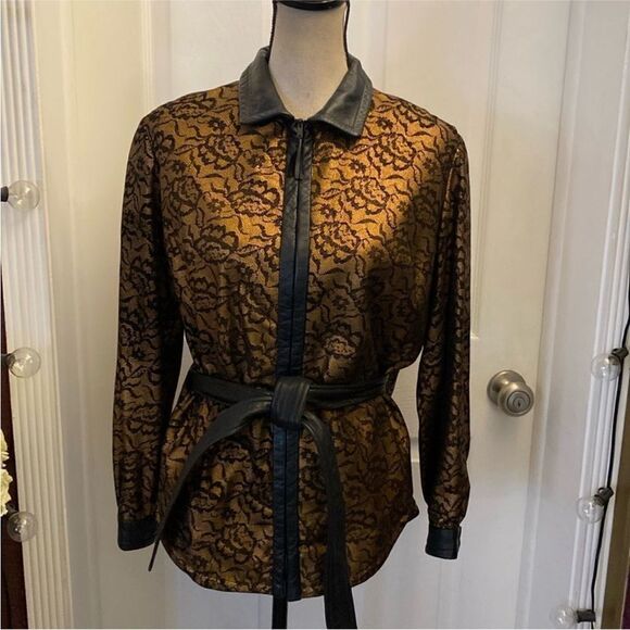 All genuine leather lace print gold/black belted jacket, M - Picture 1 of 8